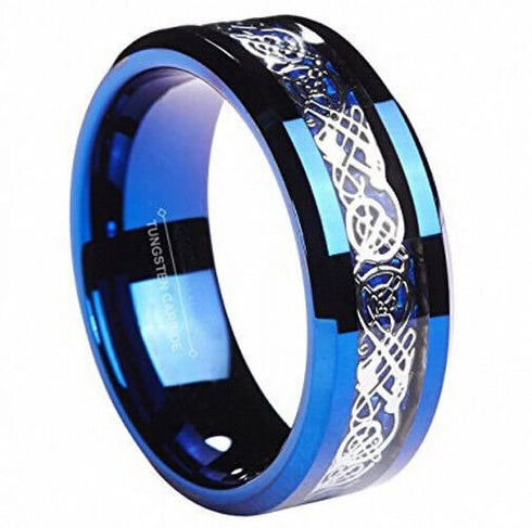 Men 8mm Beveled Edge Comfort-Fit Blue Silver Celtic Dragon Tungsten Wedding Band